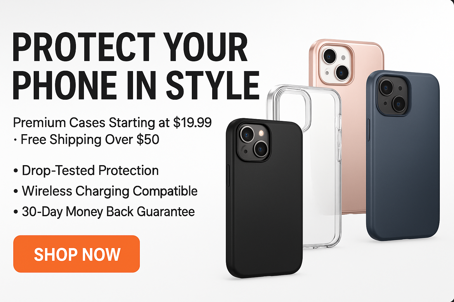 mockup banner design for the phone cases with content in heading and subheading and rich content that will make customer's buy